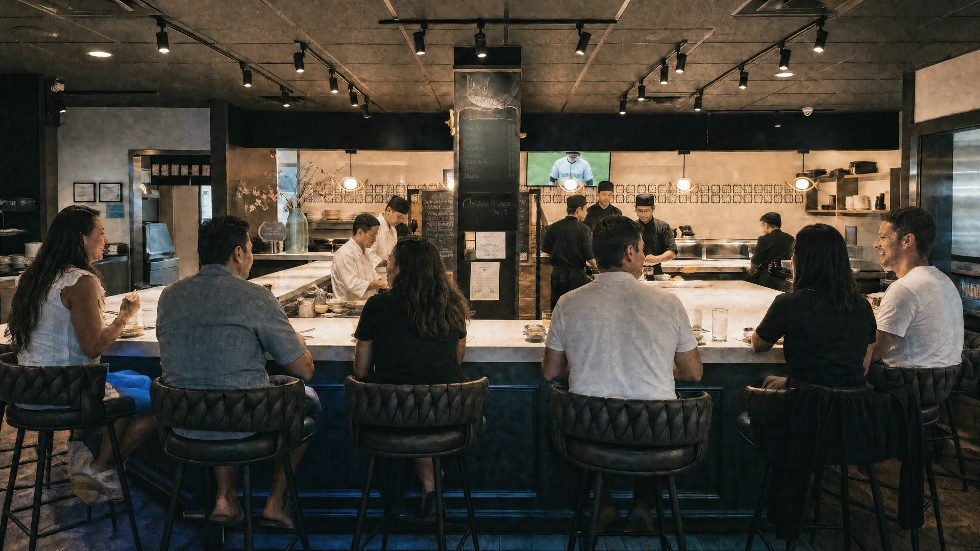 The open sushi bar at Sushikin on a full night — guests seated the length of the counter